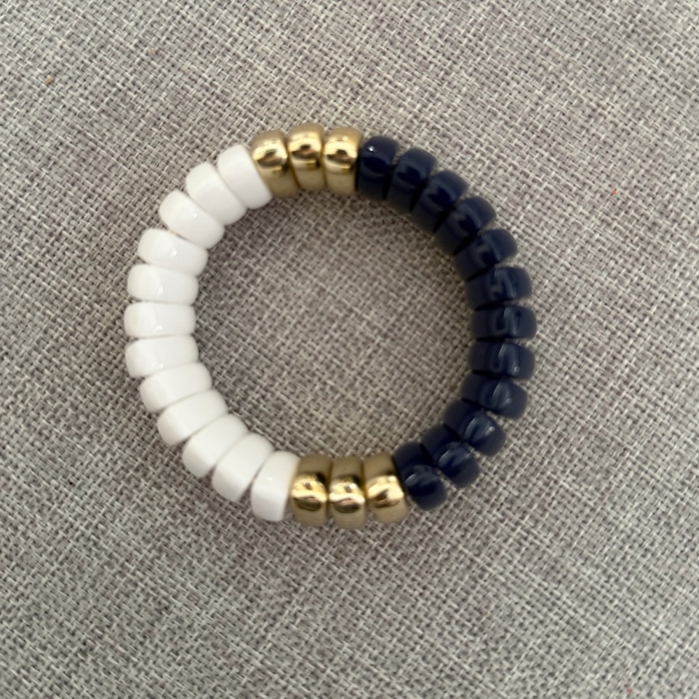 Navy & White Beaded Stretch Bracelet with Gold Accents